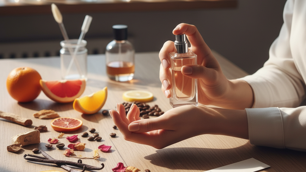 Na obrazie widzimy osobę w jasnej koszuli, która spryskuje perfumy z eleganckiego, szklanego flakonu na swój nadgarstek