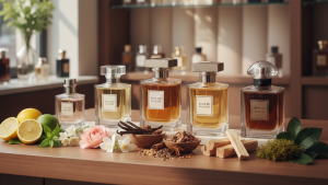 Na obrazie widać ułożone rzędem butelki perfum o różnych rozmiarach i kształtach, sugerujące różnorodne stężenia i typy zapachów