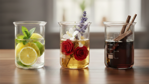 Obraz przedstawia trzy szklane zlewki laboratoryjne ustawione obok siebie na drewnianym stole