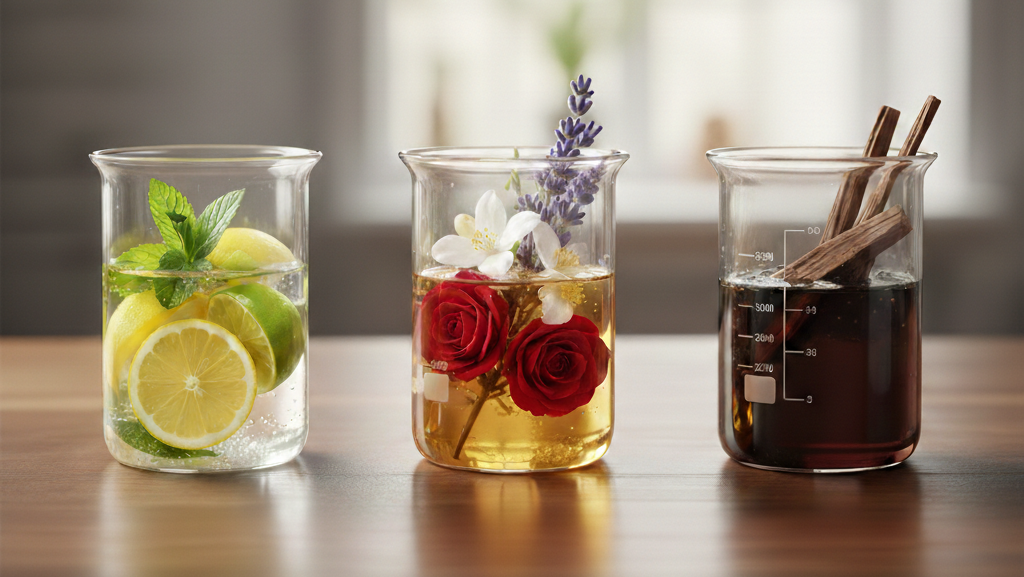 Obraz przedstawia trzy szklane zlewki laboratoryjne ustawione obok siebie na drewnianym stole