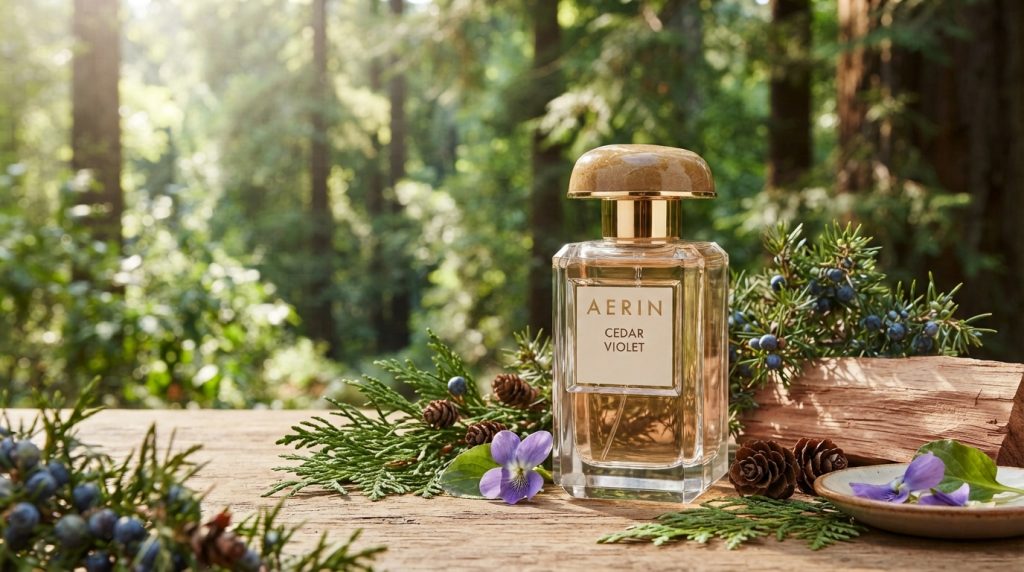Na obrazie przedstawiona jest realistyczna kompozycja produktowa, której głównym elementem jest flakon perfum marki AERIN o nazwie Cedar Violet