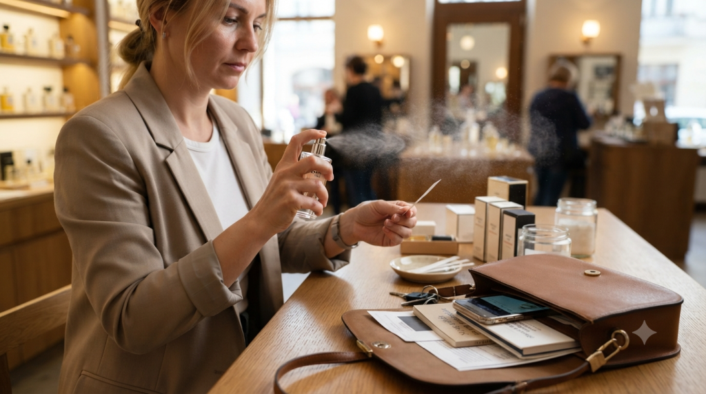Na obrazie przedstawiona jest kobieta w eleganckim, beżowym żakiecie, która znajduje się wewnątrz sklepu z perfumami