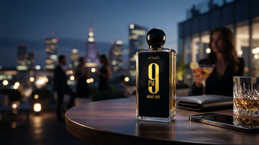 Obraz utrzymany jest w eleganckim, wieczorowym klimacie i przedstawia flakon perfum Afnan 9 PM Night Out o pojemności 100 ml, ustawiony centralnie na pierwszym planie